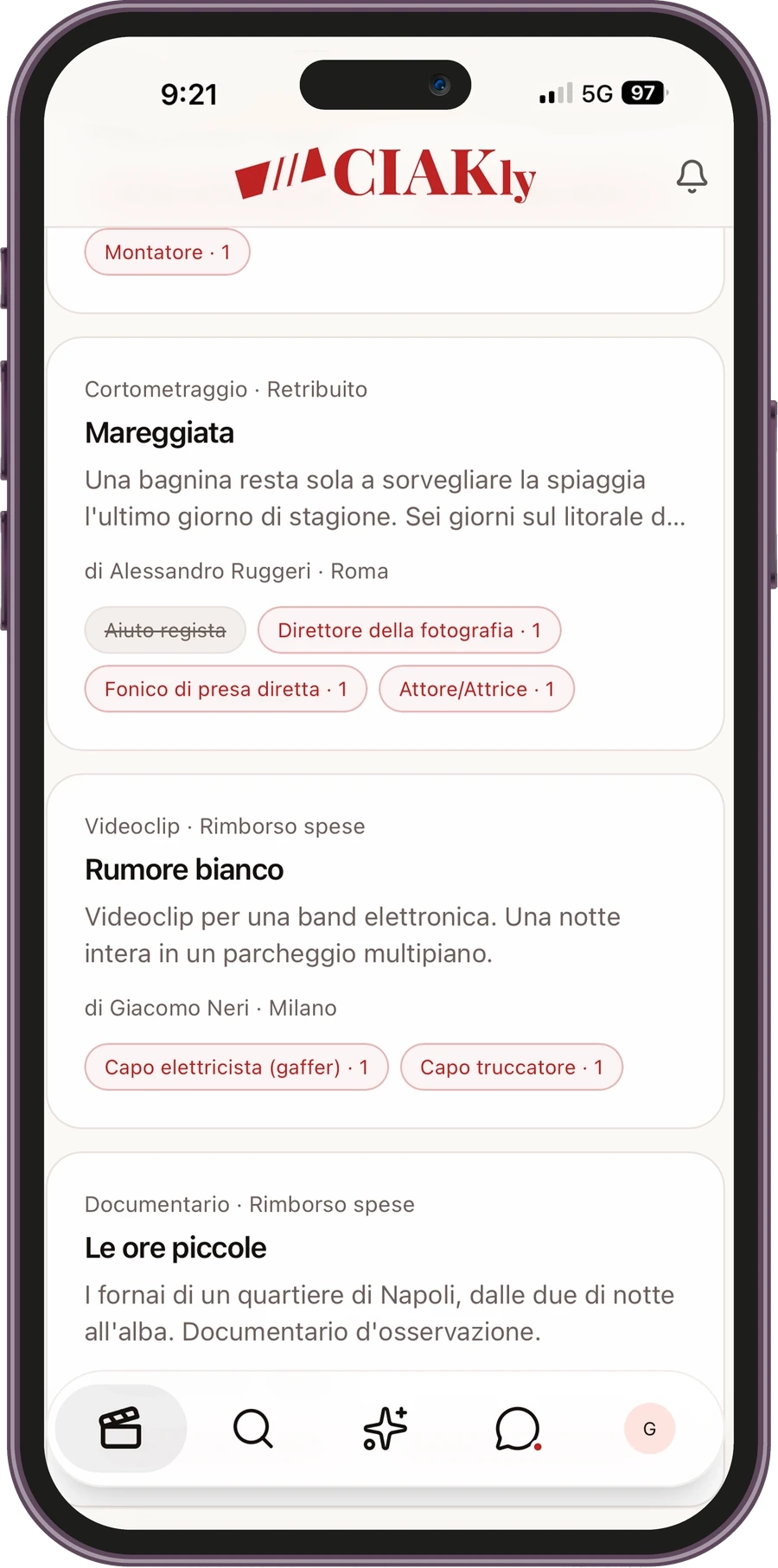 Pagina Progetti CIAKly aperta su un telefono